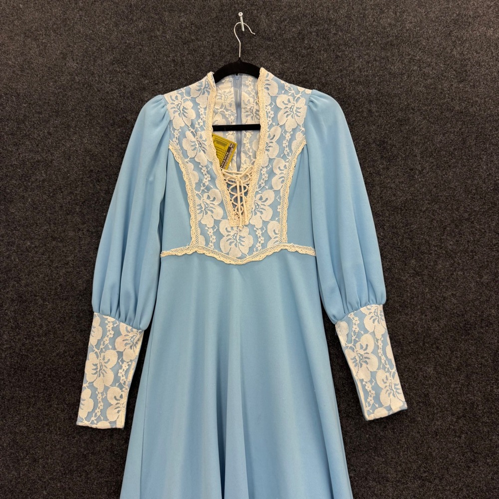 Vintage 1960s Blue Lace Prairie Maxi Dress Long Sleeve Scovill Zipper Cottage